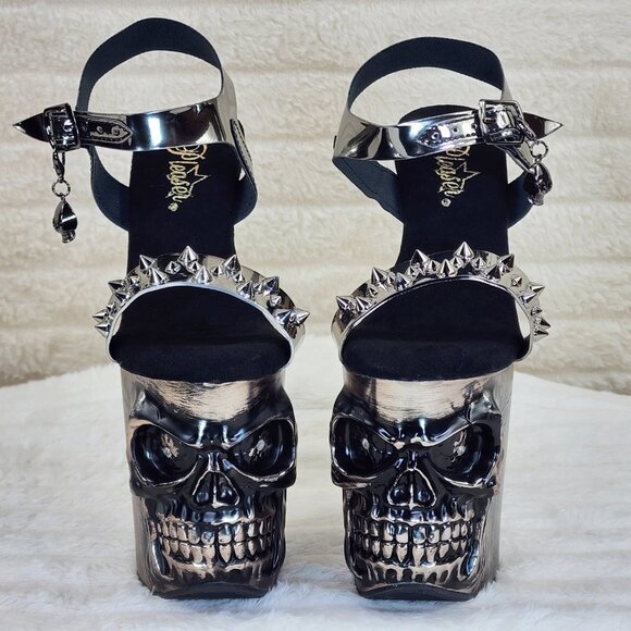 Pleaser Shoes - Vortex Pewter Brushed Chrome Skull & Bones Red LED Platform 8" High Heels Shoes